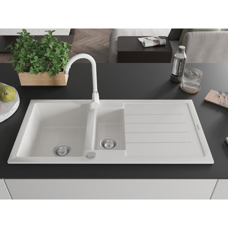 Mexen Andres granite sink 1.5-bowl with drainer and Telma kitchen tap, white - 6515-20-670200-20