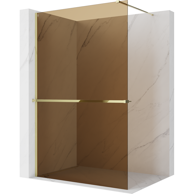Mexen Kioto+ ścianka prysznicowa z półką Walk-in 130 x 200 cm, brąz 8 mm, złota - 800-130-121-50-32