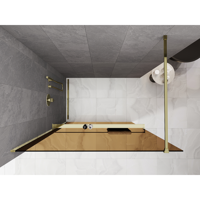 Mexen Kioto+ ścianka prysznicowa z półką Walk-in 140 x 200 cm, brąz 8 mm, złota - 800-140-121-50-32