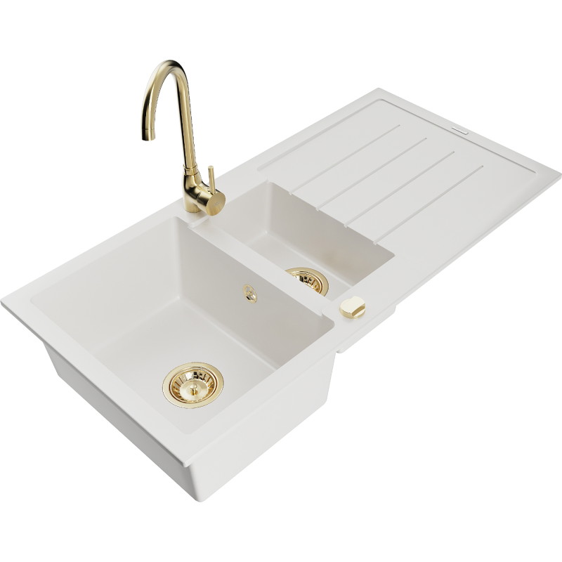 Mexen Andres graniittinen 1,5-lokeroinen tiskiallas valumistasolla ja Telma-keittiöhanalla, valkoinen - 6515-20-670200-50