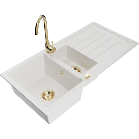 Mexen Andres granite sink 1.5-bowl with drainer and Telma kitchen tap, white - 6515-20-670200-50