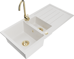 Mexen Andres fregadero de granito de 1,5 senos con escurridor y grifo de cocina Telma, blanco - 6515-20-670200-50