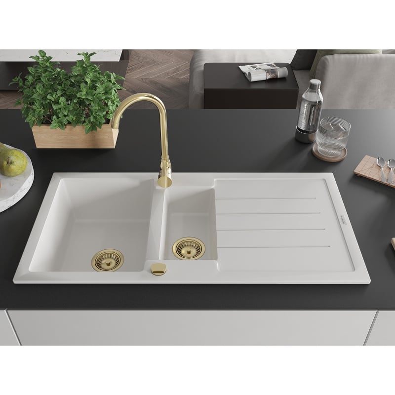 Mexen Andres 1.5-bowl granite sink with drainer and Telma kitchen faucet, white - 6515-20-670200-50