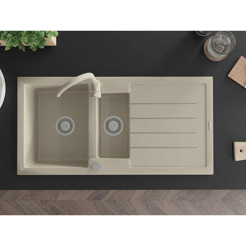 Mexen Andres lavello in granito a 1,5 vasche con scolapiatti e miscelatore cucina Telma, beige - 6515-69-670200-69