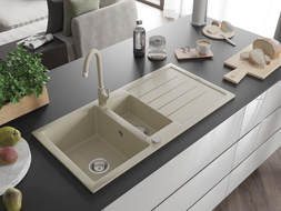 Mexen Andres évier en granit 1,5 bac avec égouttoir et robinet de cuisine Telma, beige - 6515-69-670200-69