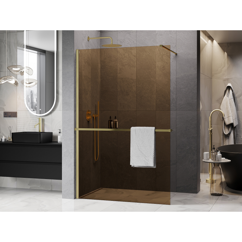 Mexen Kioto+ ścianka prysznicowa z półką Walk-in 140 x 200 cm, brąz 8 mm, złota szczotkowana - 800-140-121-55-32