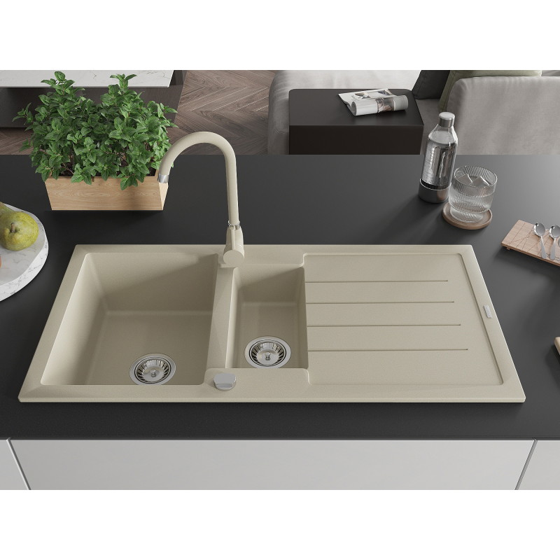 Mexen Andres lavello in granito a 1,5 vasche con scolapiatti e miscelatore cucina Telma, beige - 6515-69-670200-69
