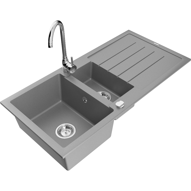 Mexen Andres lava-loiça de granito de 1,5 cubas com escorredor e torneira de cozinha Telma, cinza - 6515-71-670200-00