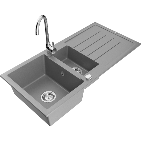 Mexen Andres granieten spoelbak 1,5-komor met afdruipgedeelte en keukenmengkraan Telma, grijs - 6515-71-670200-00