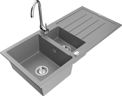 Mexen Andres 1.5-Bowl Granite Sink with Drainer and Telma Kitchen Faucet, Gray - 6515-71-670200-00