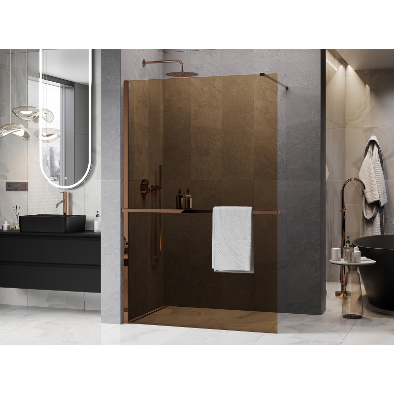 Mexen Kioto+ ścianka prysznicowa z półką Walk-in 90 x 200 cm, brąz 8 mm, różowe złoto - 800-090-121-60-32