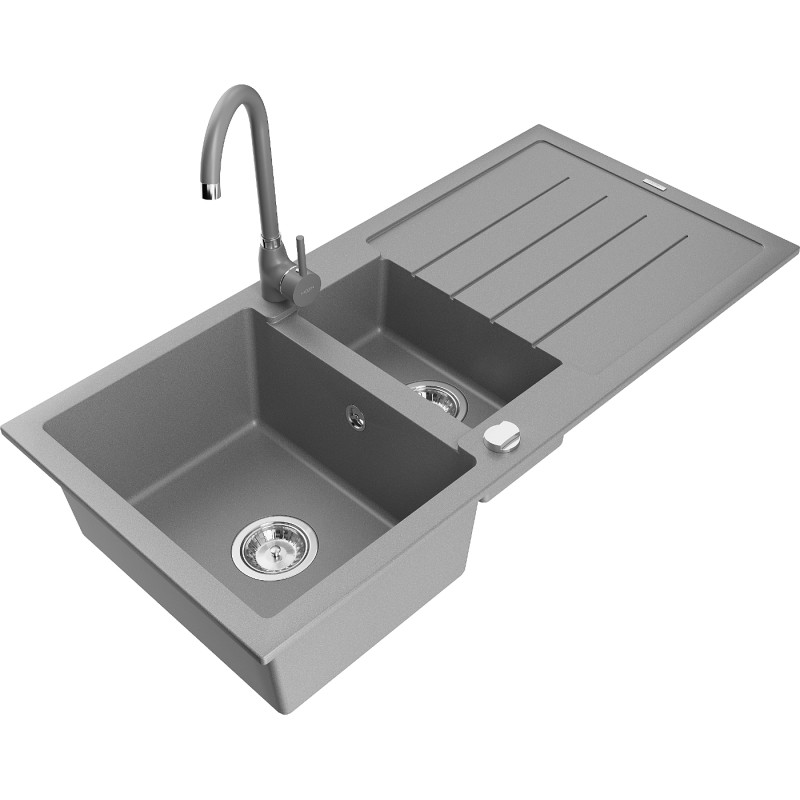 Mexen Andres 1,5-Becken Granitspüle mit Abtropfbereich und Küchenarmatur Telma, grau - 6515-71-670200-71