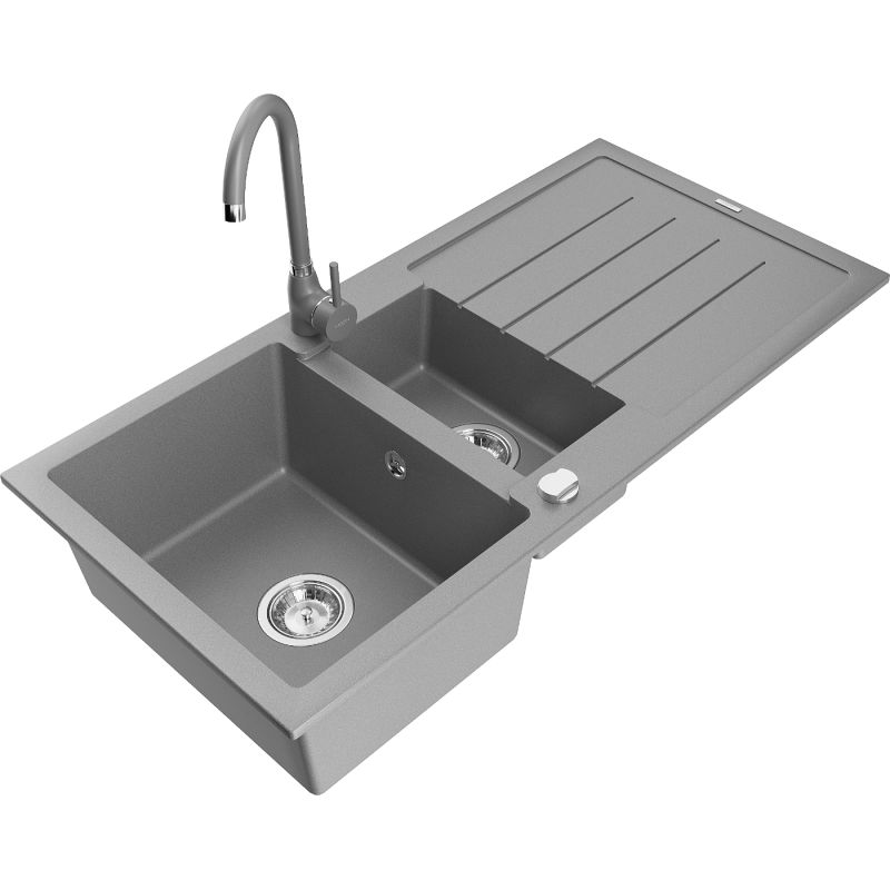 Mexen Andres fregadero de granito de 1,5 senos con escurridor y grifo de cocina Telma, gris - 6515-71-670200-71