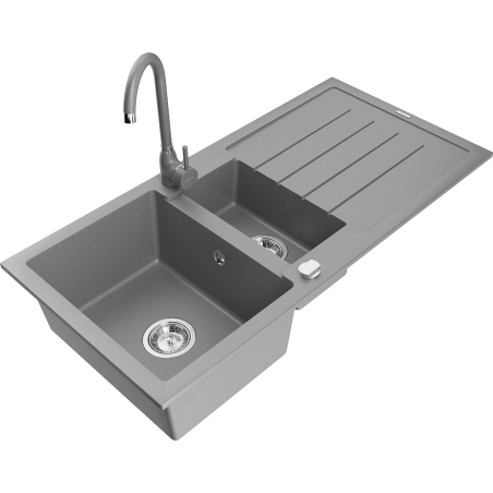 Mexen Andres évier en granit 1,5 bac avec égouttoir et robinet de cuisine Telma, gris - 6515-71-670200-71