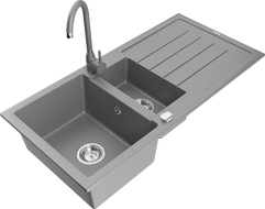 Mexen Andres granit izlietne ar 1,5 nodalījumu, ar noteces nodalījumu un virtuves jaucējkrānu Telma, pelēks - 6515-71-670200-71