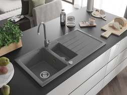 Mexen Andres granite sink 1.5-bowl with drainer and Telma kitchen tap, grey - 6515-71-670200-71