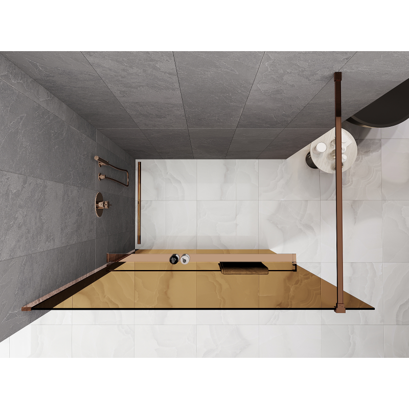 Mexen Kioto+ ścianka prysznicowa z półką Walk-in 140 x 200 cm, brąz 8 mm, różowe złoto - 800-140-121-60-32