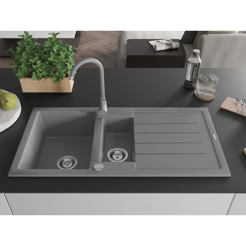 Mexen Andres granite sink with 1.5 bowls with drainer and Telma kitchen faucet, gray - 6515-71-670200-71