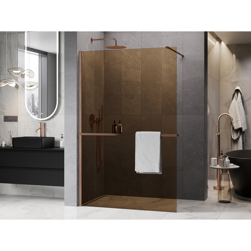 Mexen Kioto+ ścianka prysznicowa z półką Walk-in 80 x 200 cm, brąz 8 mm, miedź szczotkowana - 800-080-121-65-32
