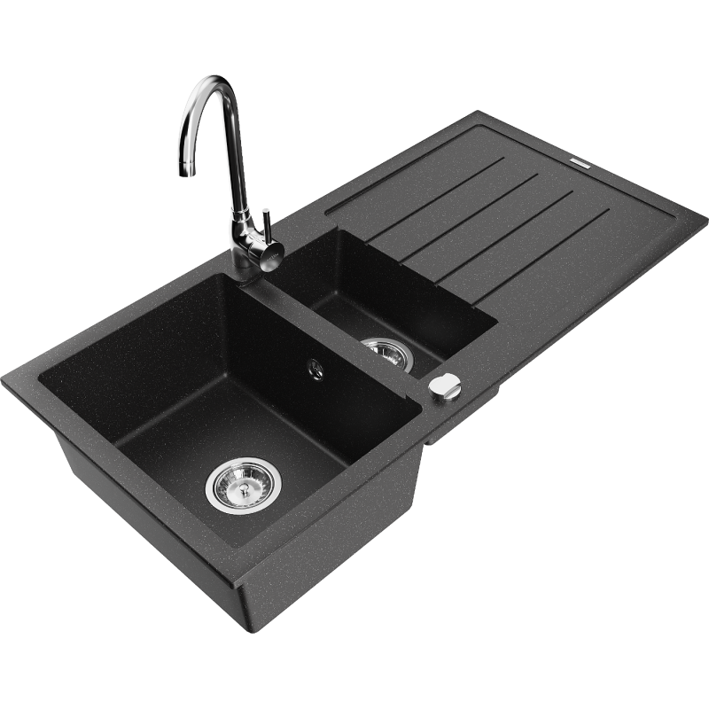 Mexen Andres granite sink 1.5-bowl with drainer and Telma kitchen tap, black/silver - 6515-73-670200-00