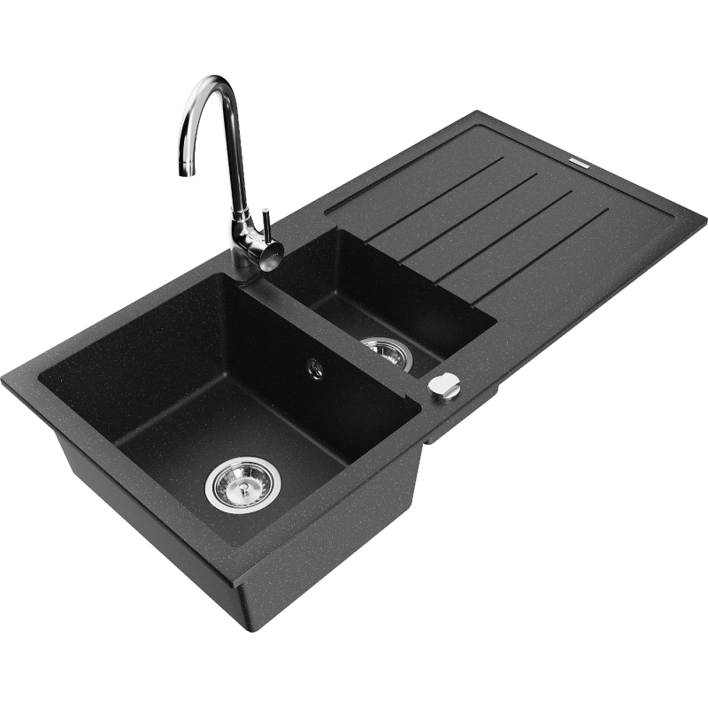 Mexen Andres lava-louça em granito 1,5-depuração com escorredor e torneira Telma, preto/prata - 6515-73-670200-00