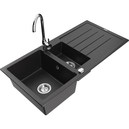 Mexen Andres granite sink 1.5-bowl with drainer and Telma kitchen tap, black/silver - 6515-73-670200-00