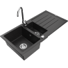 Mexen Andres 1.5-bowl granite sink with drainer and Telma kitchen faucet, black/silver - 6515-73-670200-00