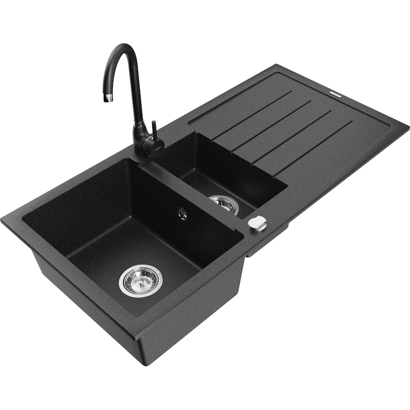Mexen Andres granieten gootsteen 1,5-komerig met afdruiprek en keukenkraan Telma, zwart/zilver - 6515-73-670200-70