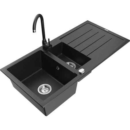 Mexen Andres 1.5-bowl granite sink with drainer and Telma kitchen tap, black/silver - 6515-73-670200-70