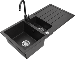 Mexen Andres 1.5-bowl granite sink with drainer and Telma kitchen tap, black/silver - 6515-73-670200-70