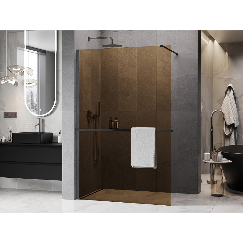 Mexen Kioto+ ścianka prysznicowa z półką Walk-in 70 x 200 cm, brąz 8 mm, gun gray szczotkowany - 800-070-121-66-32