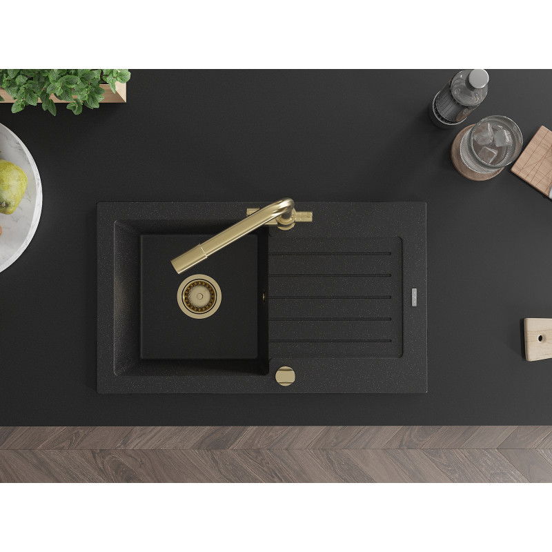 Mexen Pablo Granitspüle 1-beckig mit Abtropffläche und Küchenarmatur Duero, schwarz/silber metallic - 6510-73-671600-50