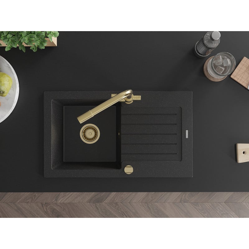 Mexen Pablo lava-loiça de granito com 1 bacia com escorredor e torneira de cozinha Duero, preto/prata metalizado