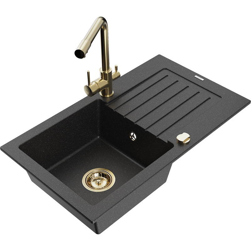 Mexen Pablo granit gootsteen 1-komors met afdruiprek en keukenmengkraan Duero, zwart/zilveren metallic - 6510-73-671600-50