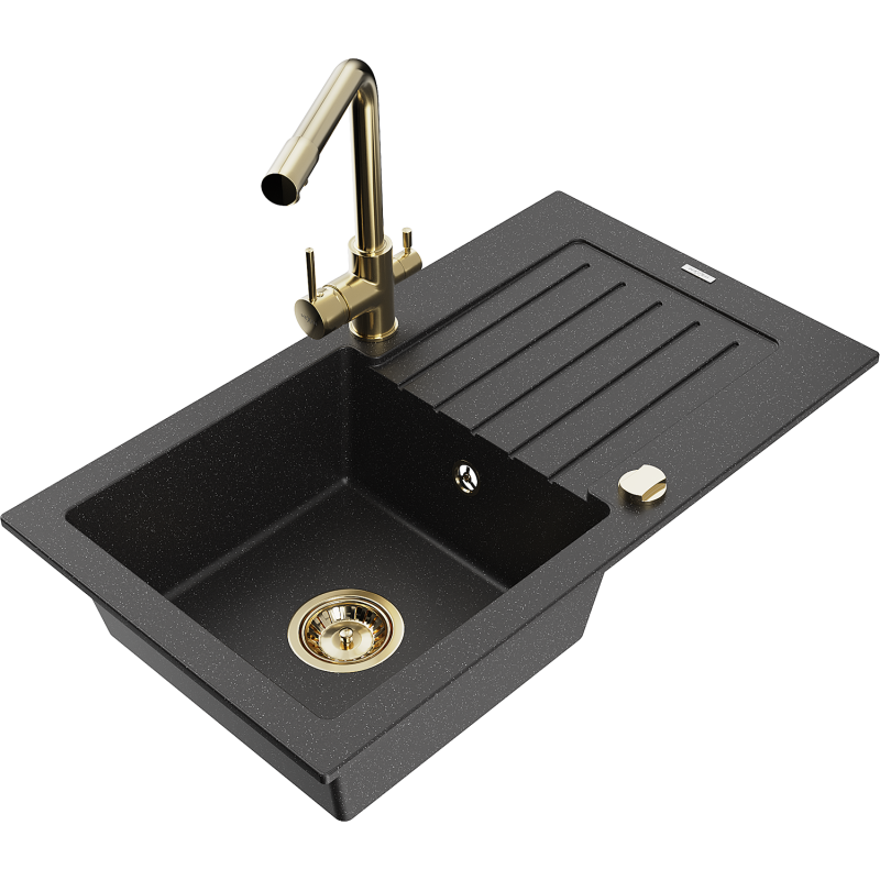 Mexen Pablo granite sink 1-bowl with drainer and Duero kitchen tap, black/silver metallic - 6510-73-671600-50