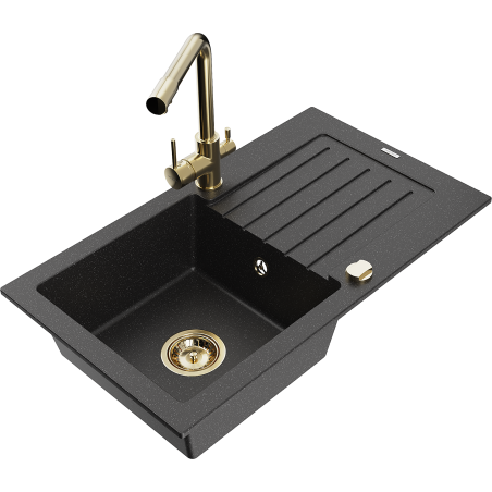 Mexen Pablo Granitspüle 1-Becken mit Abtropffläche und Küchenarmatur Duero, schwarz/silber metallic - 6510-73-671600-50