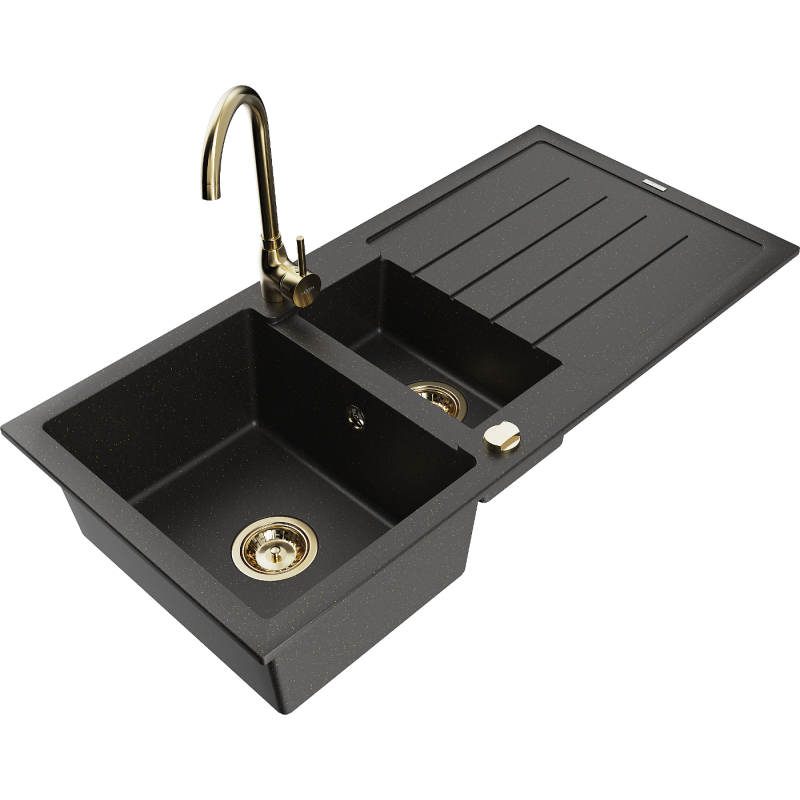 Mexen Andres fregadero de granito 1,5 compartimentos con escurridor y grifo de cocina Telma, negro/dorado - 6515-75-670200-50