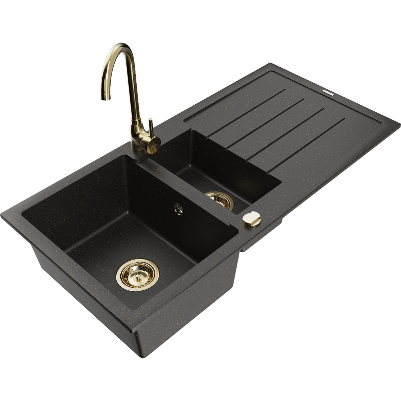 Mexen Andres lava-loiça em granito de 1,5 cubas com escorredor e torneira Telma, preto/dourado - 6515-75-670200-50