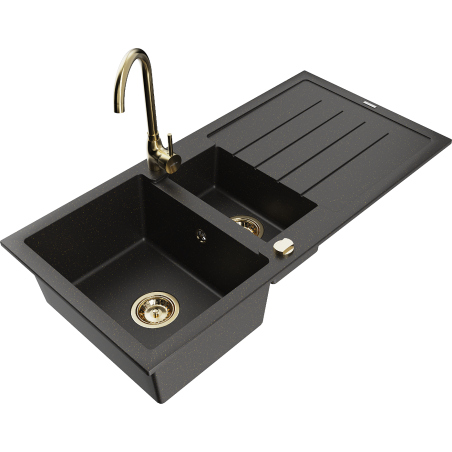 Mexen Andres fregadero de granito de 1,5 senos con escurridor y grifo de cocina Telma, negro/dorado - 6515-75-670200-50