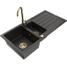Mexen Andres granite kitchen sink 1.5-bowl with drainer and Telma kitchen tap, black/gold - 6515-75-670200-50