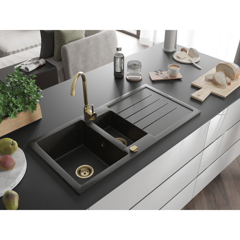 Mexen Andres fregadero de granito de 1,5 senos con escurridor y grifo de cocina Telma, negro/dorado - 6515-75-670200-50