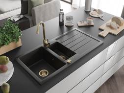 Mexen Andres fregadero de granito de 1,5 senos con escurridor y grifo de cocina Telma, negro/dorado - 6515-75-670200-50