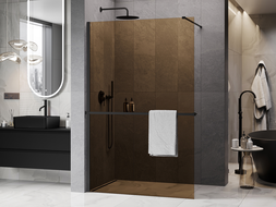 Mexen Kioto+ ścianka prysznicowa z półką Walk-in 140 x 200 cm, brąz 8 mm, czarna - 800-140-121-70-32