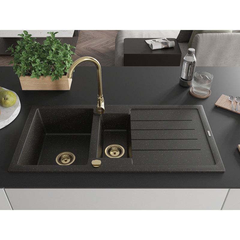 Mexen Andres graniittinen 1,5-kammioinen keittiöallas valutason ja Telma-keittiöhanan kanssa, musta/kulta - 6515-75-670200-50