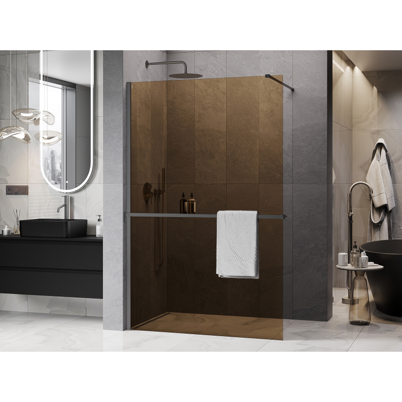 Mexen Kioto+ ścianka prysznicowa z półką Walk-in 100 x 200 cm, brąz 8 mm, gun metal - 800-100-121-95-32