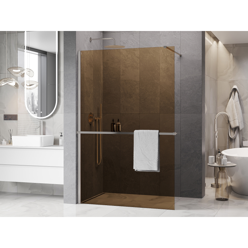 Mexen Kioto+ duschvägg med hylla Walk-in 70 x 200 cm, brons 8 mm, borstad nickel - 800-070-121-97-32