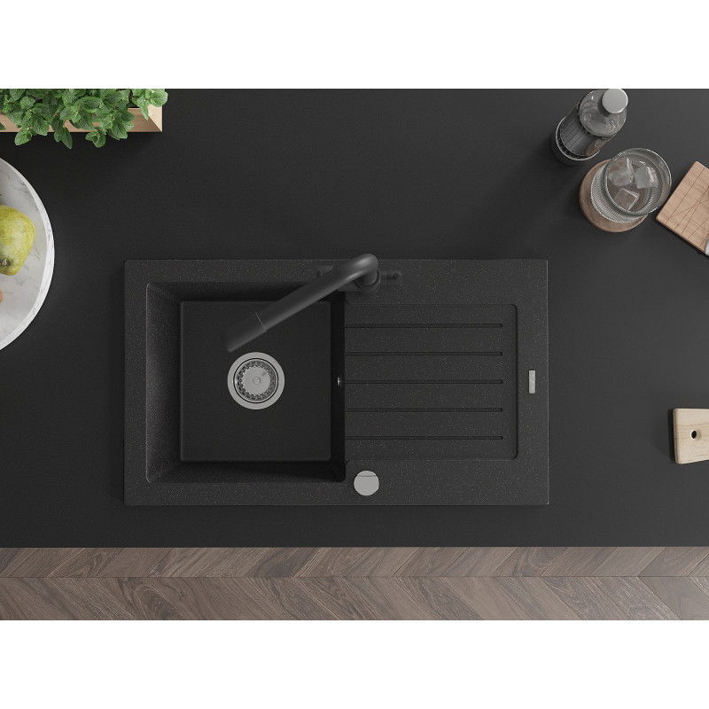 Mexen Pablo 1-bowl granite sink with drainer and Duero kitchen tap, black/silver metallic - 6510-73-671600-70