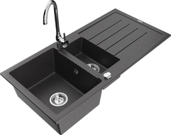 Mexen Andres granite sink 1.5-bowl with drainer and Telma kitchen tap, black speckled - 6515-76-670200-00