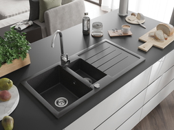 Mexen Andres granite sink 1.5-bowl with drainer and Telma kitchen tap, black speckled - 6515-76-670200-00