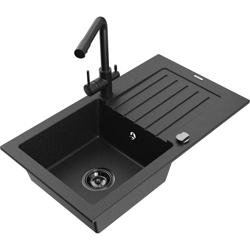 Mexen Pablo 1-bowl granite sink with drainer and Duero kitchen tap, black/silver metallic - 6510-73-671600-70-B